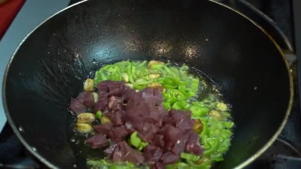 Cooking Meat Saute Pieces Meat Diced Fried Pan Close Video — Stockvideo
