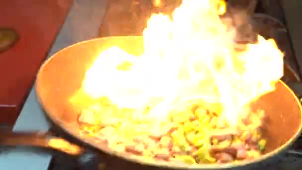 Cooking Meat Saute Pieces Meat Diced Fried Pan Close Video — Vídeo de stock
