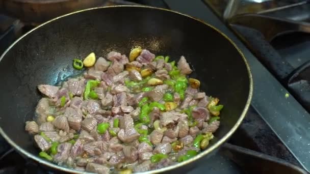 Cooking Meat Saute Pieces Meat Diced Fried Pan Close Video — Vídeo de Stock