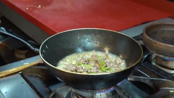 Cooking Meat Saute Pieces Meat Diced Fried Pan Close Video — Videoclip de stoc