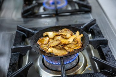 Kızarmış istiridye mantarı. Siyah dökme demir tavada taze bitkilerle kızartılmış mantar. Üst görünüm