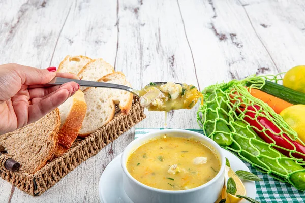 Fish soup with cream and parsley. Creamy hearty fish soup. Clean eating, healthy and diet food concept. View from above, top studio shot. — Stock Image Fish Soup Cream Parsley Creamy Hearty Fish Soup Clean Eating Stock Image