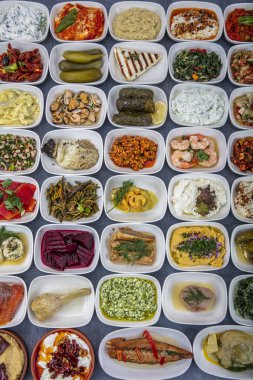 Türk mutfağı mezeleri. Balık lokantası aperatifleri, soğuk mezeler, balık ve sebze aperatifleri. Yakın çekim, bir sürü yiyecek..