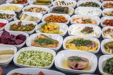 Türk mutfağı mezeleri. Balık lokantası aperatifleri, soğuk mezeler, balık ve sebze aperatifleri. Yakın çekim, bir sürü yiyecek..