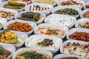 Türk mutfağı mezeleri. Balık lokantası aperatifleri, soğuk mezeler, balık ve sebze aperatifleri. Yakın çekim, bir sürü yiyecek..
