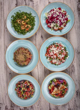 Taze sebze salataları düzdü. Sağlıklı salata kolajı. İçinde tavuk sezarı, ıspanak, bahçe, nicoise, yunan ve pancar ve ceviz var. Organik, doğal beslenme konsepti.