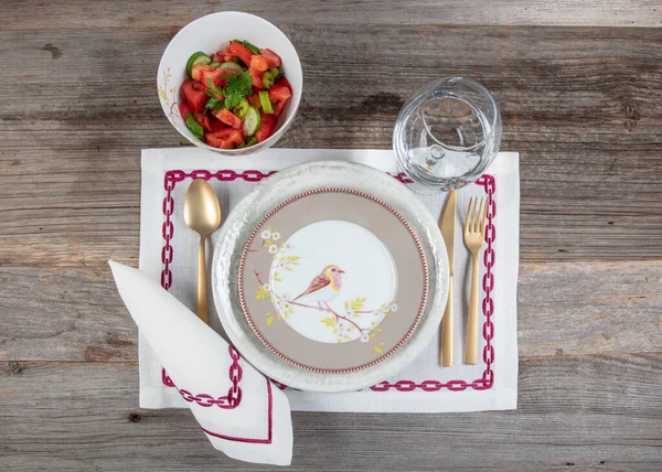 Flat Lay Modern Festive Party Table Setting Plate Fork Knife — Fotografia de Stock
