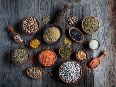 Vegan protein source.Various assortment of legumes, lentils, chickpea and beans assortment in different bowls on wooden table. Top view.