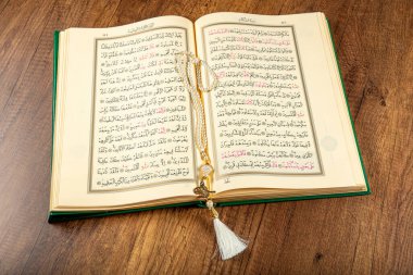Istanbul, Turkey - April 5, 2015; A Quran book opened with a rosary. Quran - holy book of innocent Muslims (breadth of all Muslims).