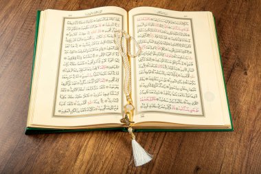 Istanbul, Turkey - April 5, 2015; A Quran book opened with a rosary. Quran - holy book of innocent Muslims (breadth of all Muslims).