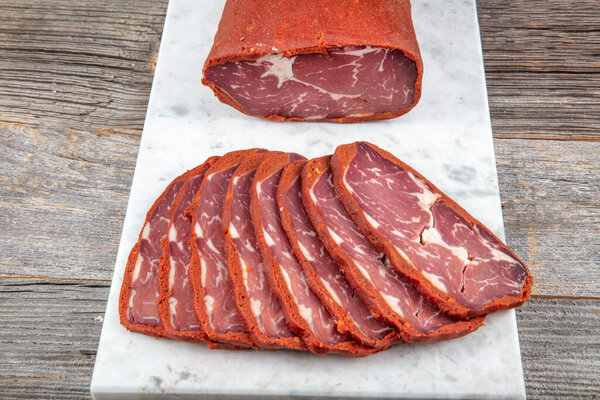 Turkish bacon, pastrami ( kayseri pastirma ) Fresh sliced pastrami.