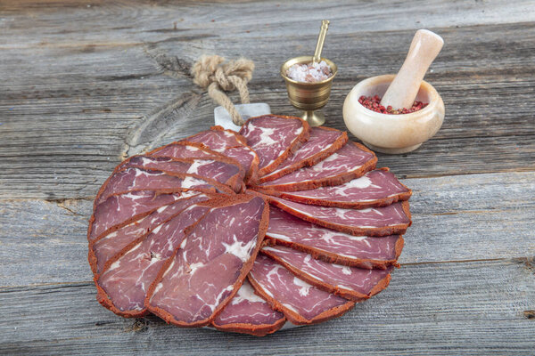 Turkish bacon, pastrami ( kayseri pastirma ) Fresh sliced pastrami.