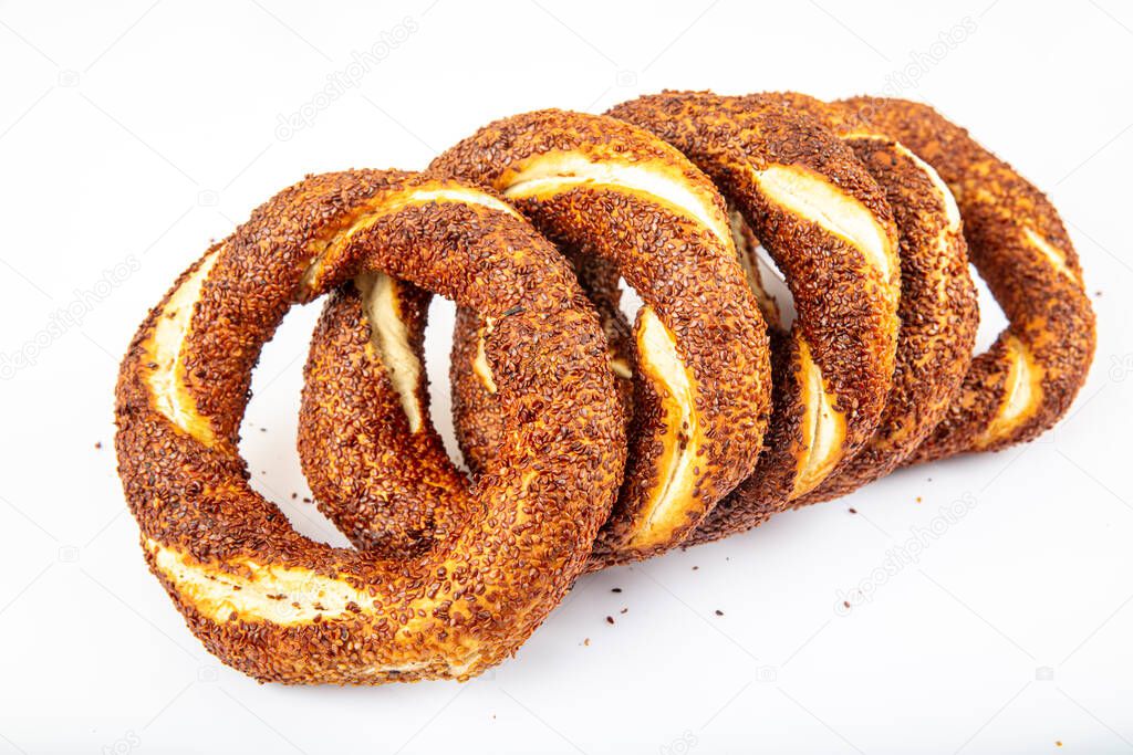 Turkish bagel; (simit, gevrek). Turkish bagel simit on isolated background.