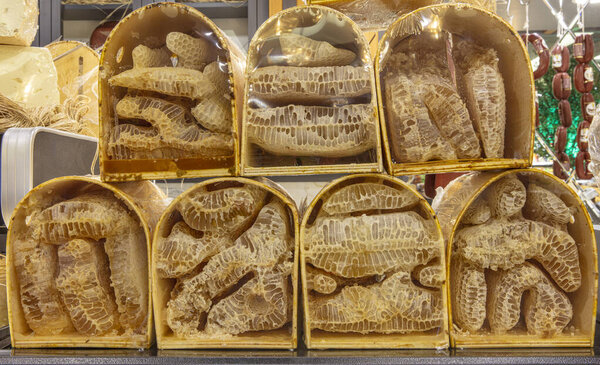 Karakovan Honeycomb, Organic Turkish Honey. Honey section in the market aisle.