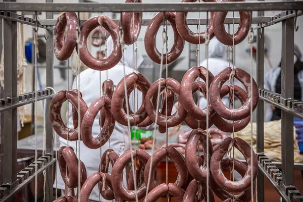 The sausage on the meat plant prepared for Smoking. Production of delicacies. Sausages (Sucuk) in the factory storage. Sausage production line. Industrial manufacture of sausages.