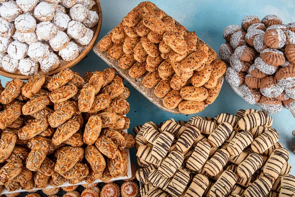 Turkish Cuisine; Crispy fresh biscuits. Cookies are offered for sale at the patisserie. (kahk,biscuits, petit four). Top view with close up.