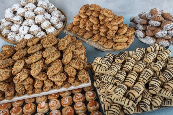 Turkish Cuisine; Crispy fresh biscuits. Cookies are offered for sale at the patisserie. (kahk,biscuits, petit four). Top view with close up.