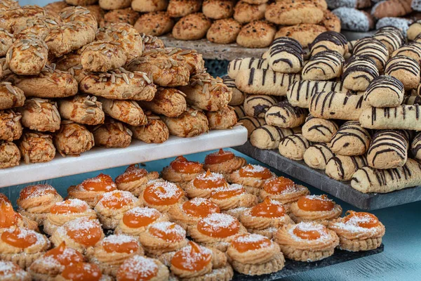 Turkish Cuisine; Crispy fresh biscuits. Cookies are offered for sale at the patisserie. (kahk,biscuits, petit four). Top view with close up.