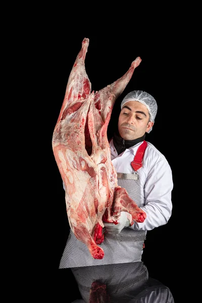 Macellaio Che Trasporta Carcasse Agnello Carcassa Professionale Agnello Macellaio Macelleria — Foto Stock