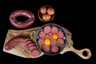 Türk sosisi (sosis) ve yumurta. Sosisli sahanda yumurta, domuz pastırmalı yumurta, omletli sosis..