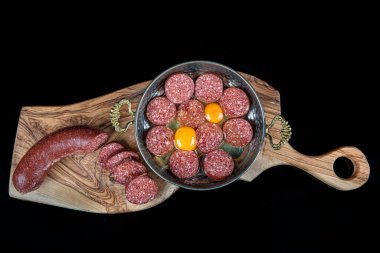 Türk sosisi (sosis) ve yumurta. Sosisli sahanda yumurta, domuz pastırmalı yumurta, omletli sosis..