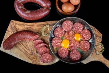 Türk sosisi (sosis) ve yumurta. Sosisli sahanda yumurta, domuz pastırmalı yumurta, omletli sosis..