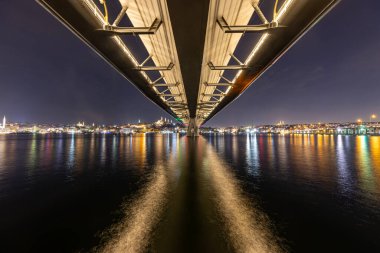 Long exposure of the Golden Horn Metro Bridge under the sunset. Golden Horn Metro Bridge in Blue Hours.