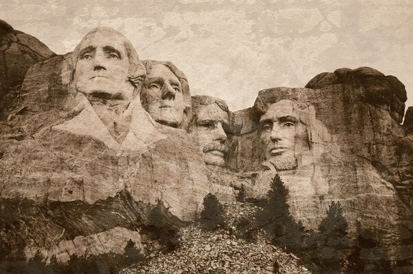 Mt. Rushmore National Memorial Park in South Dakota with sepia tone vintage overlay.