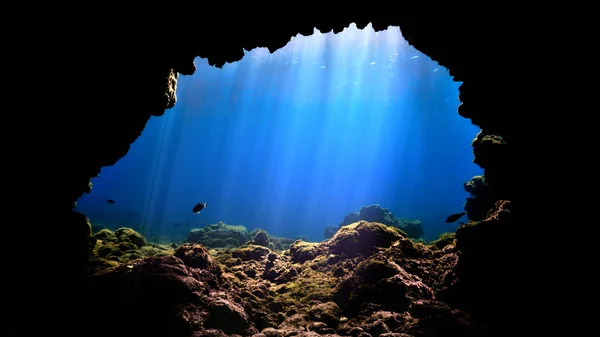 Photo Sous Marine Rayons Soleil Près Une Grotte Une Plongée — Photo