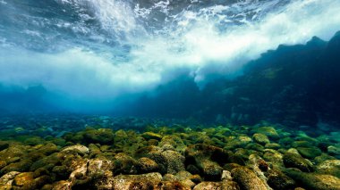 Beautiful underwater photo of rays of sunlight through the waves over the stone bottom. From a scuba dive.