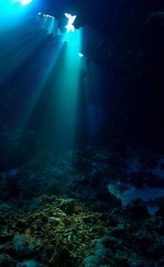 Işık katedralleri. Mağaradaki sihirli güneş ışınlarının sanatsal sualtı fotoğrafı. Tüplü dalış sanatı.