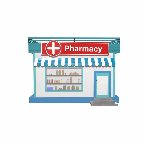The building of city pharmacy. Showcase with medications 3d-illustration 3d-rendering