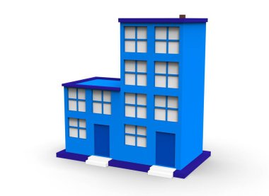 Düşük polimer fabrika binası, depo, ofis ve römorklu yarı kamyonları temsil eden Isometric simgesi veya bilgi ögesi