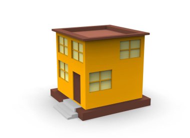 Düşük polimer fabrika binası, depo, ofis ve römorklu yarı kamyonları temsil eden Isometric simgesi veya bilgi ögesi