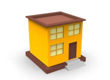 Düşük polimer fabrika binası, depo, ofis ve römorklu yarı kamyonları temsil eden Isometric simgesi veya bilgi ögesi