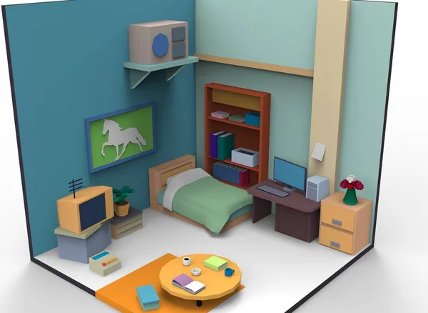 Baixo poli cartoon criança quarto 3d-ilustração 3d-renderização — Fotografia de Stock