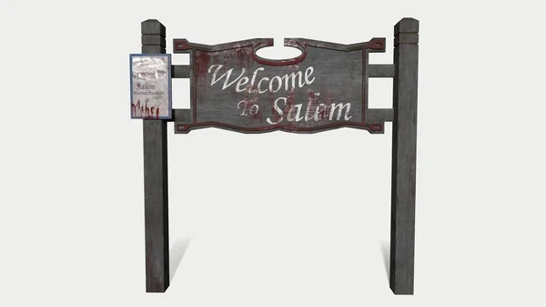 Stary Drewniany Znak Drogowy Izolowane Białym Witamy Salem Horror Śmierci — Zdjęcie stockowe