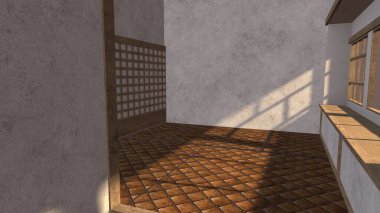 Bir penceresi ve kan izleri olan korku odası 3d-illüstrasyon 3d.