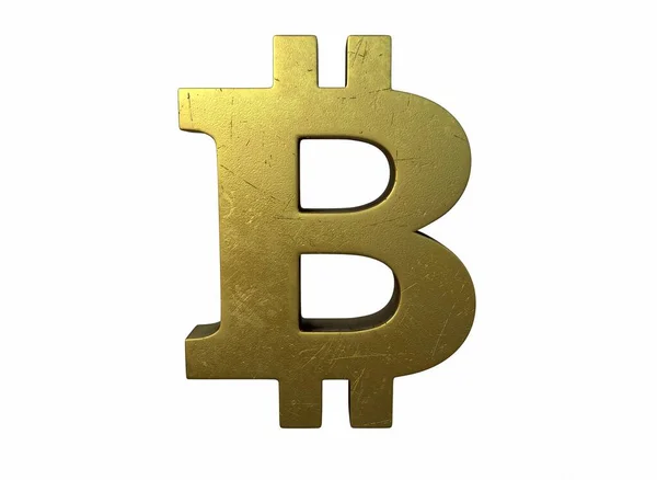 Signo Bitcoin Oro Con Arañazos Renderizado —  Fotos de Stock
