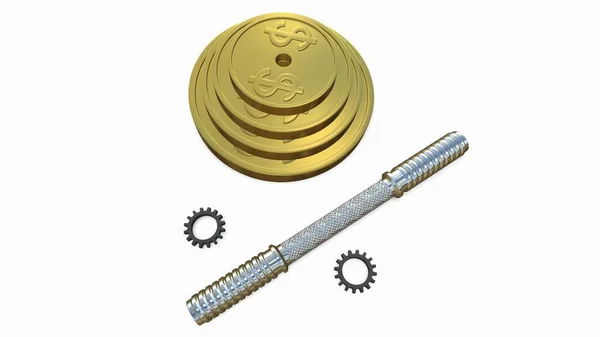 Render Barbell Made Golden Coins Rendering — Stock Photo, Image