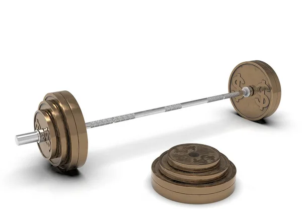 Gold barbell made of a dollar coin on a white background 3d-rendering — Stock Photo, Image