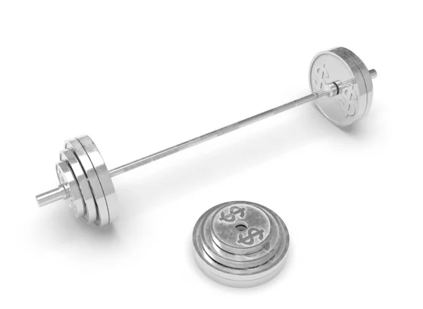 Silver barbell made of a dollar coin on a white background 3d-rendering — Stock Photo, Image