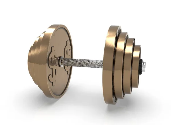 Bronze dumbbell made of a dollar coin on a white background 3d-rendering — Stock Photo, Image