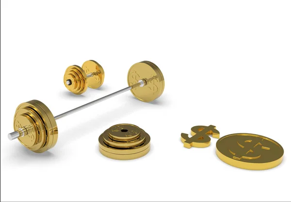 Gold barbell dumbbell and a coin with a dollar sign 3d-rendering — Stock Photo, Image