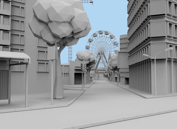 黑白城市3D渲染 — 图库照片