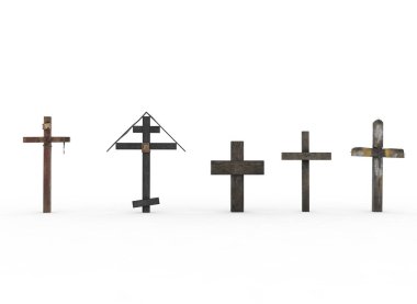 Arka planda eski ahşap bir mezar haçı var..