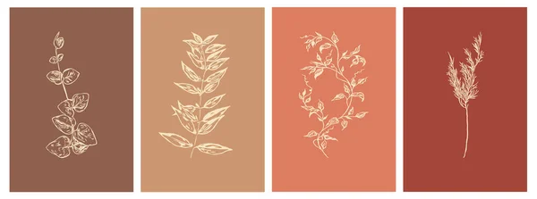 ポスター Tシャツプリント カバー バナーのためのミニマルなスタイルとニュートラルな色で植物イラストのセット 単純な幾何学線の抽象的な現代美術の背景のセット — ストックベクタ