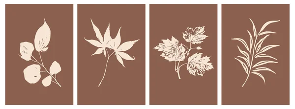 ポスター Tシャツプリント カバー バナーのためのミニマルなスタイルとニュートラルな色で植物イラストのセット 抽象的な現代美術の背景のセット — ストックベクタ