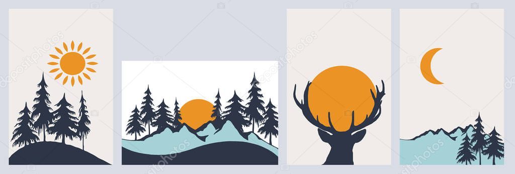Printable card set. Mountain landscape. Abstract pattern for print, cover, wallpaper, minimalist and natural wall art.