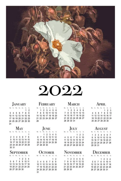 2022 için botanik takvimi. Yazdırılabilir dikey duvar takvimi, hafta pazartesi başlıyor.